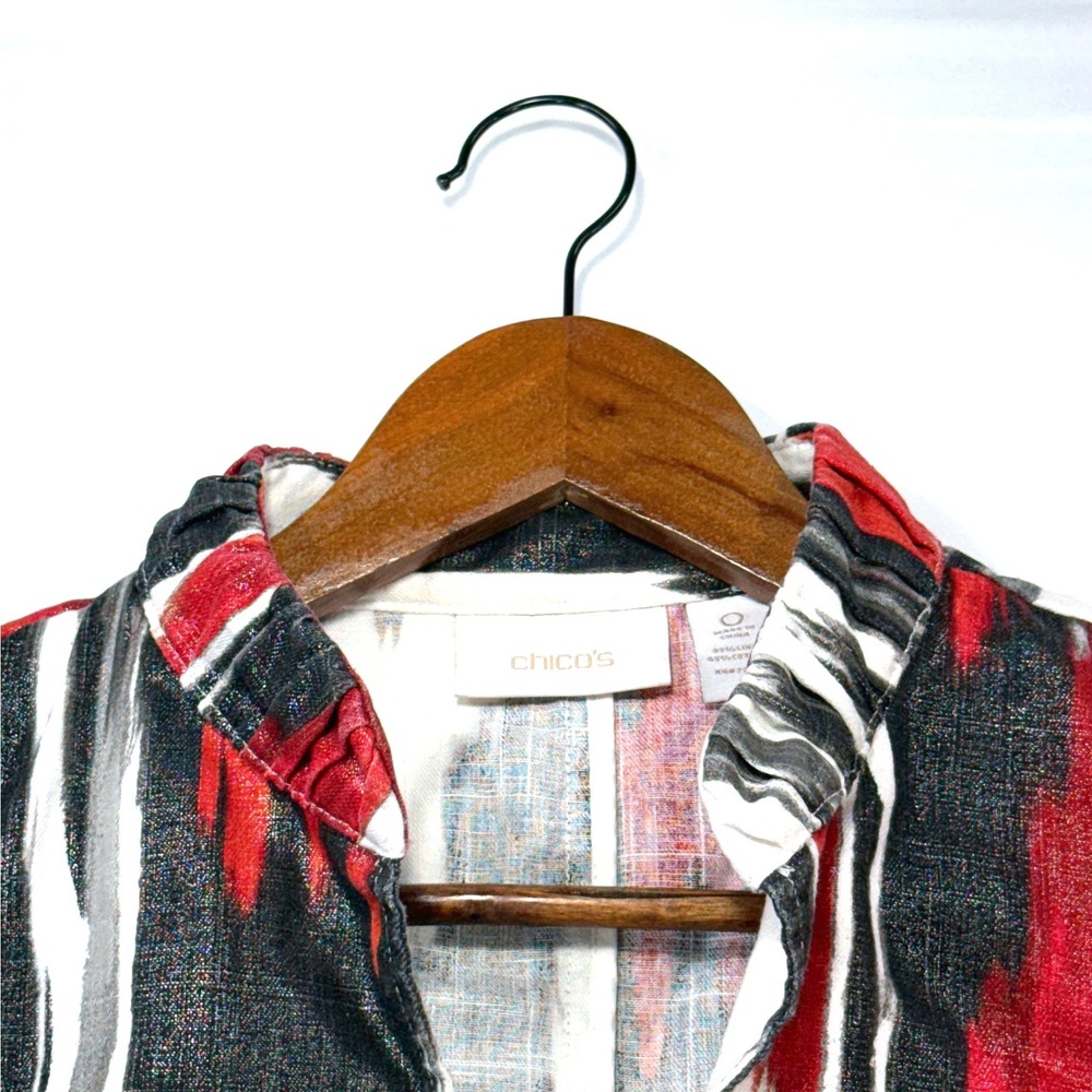 Chico's Ikat Print Collarless‎ Jacket Womens Red Black White Linen Blend